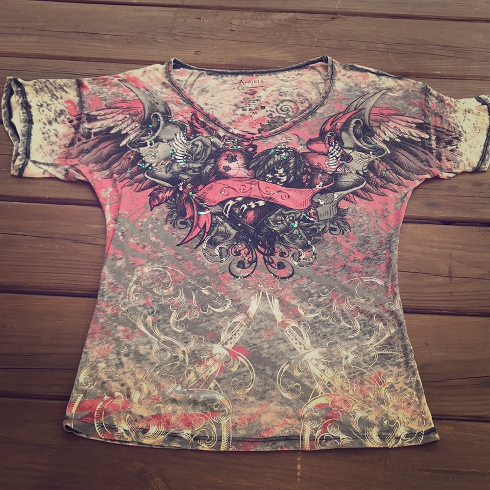 Angels & Diamonds V-Neck Tee with Silver Detail